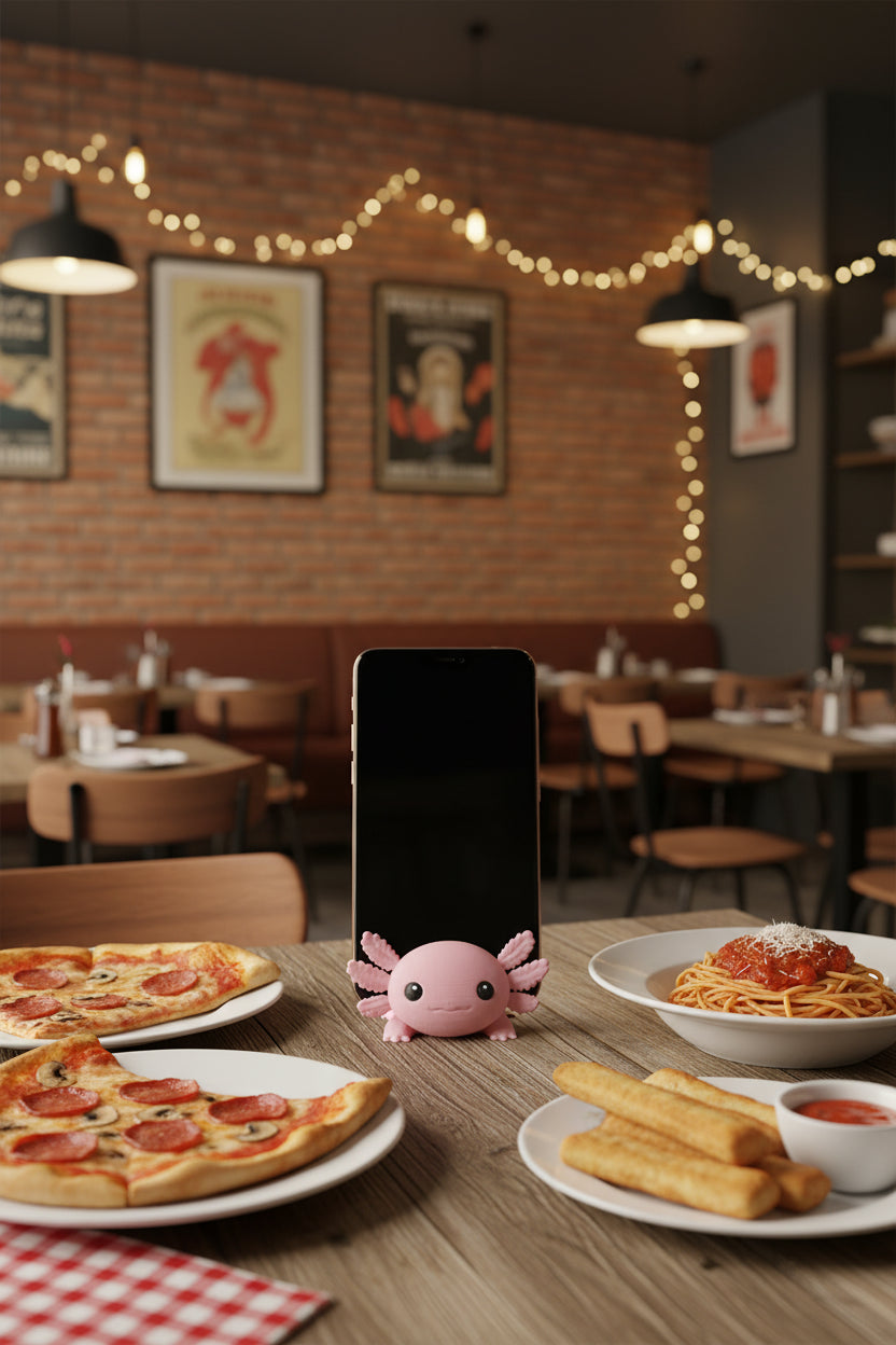 Pink axolotl phone stand in a restaurant